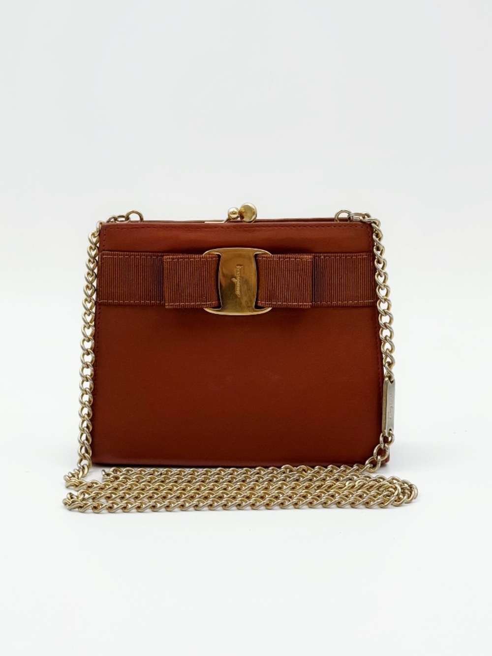 Salvatore Ferragamo Vara Bow Brown Leather Chain Shoulder Bag Vintage